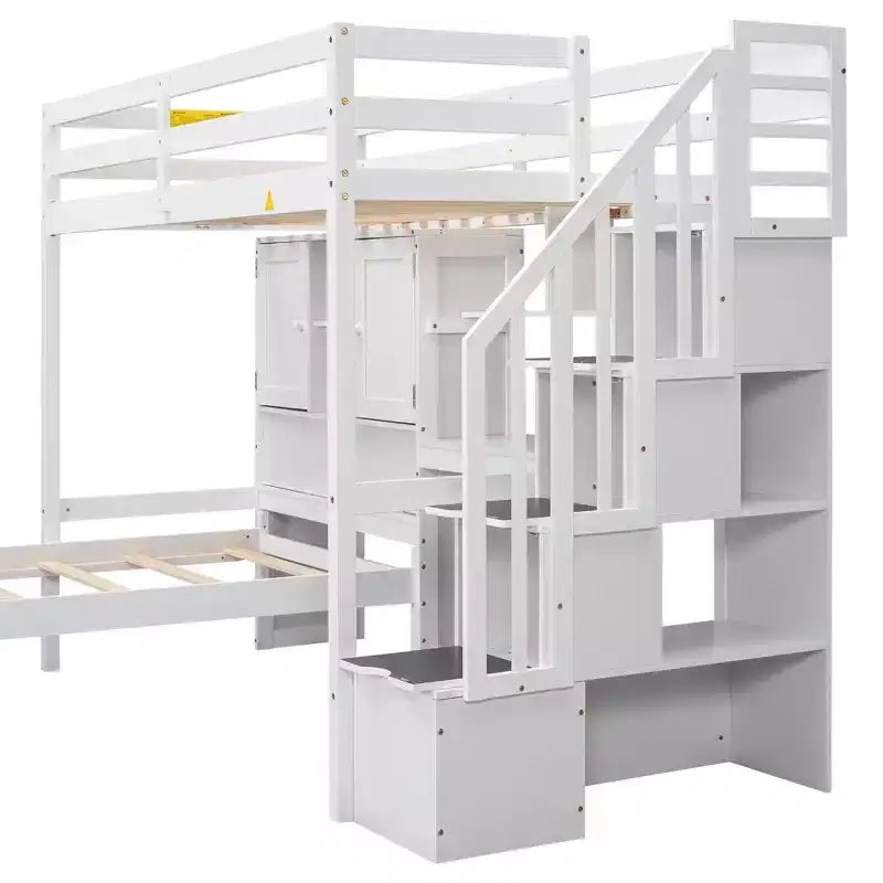 Lit superposé Whisen 94,4''L x 92''L, deux places, avec bureau intégré et escalier, compartiments de rangement et étagères