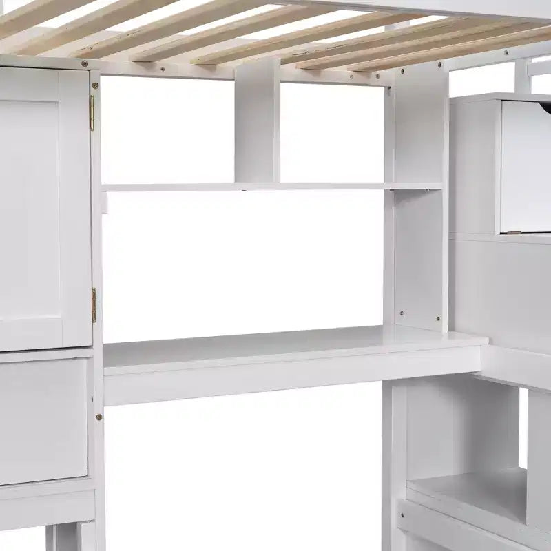 Lit superposé Whisen 94,4''L x 92''L, deux places, avec bureau intégré et escalier, compartiments de rangement et étagères