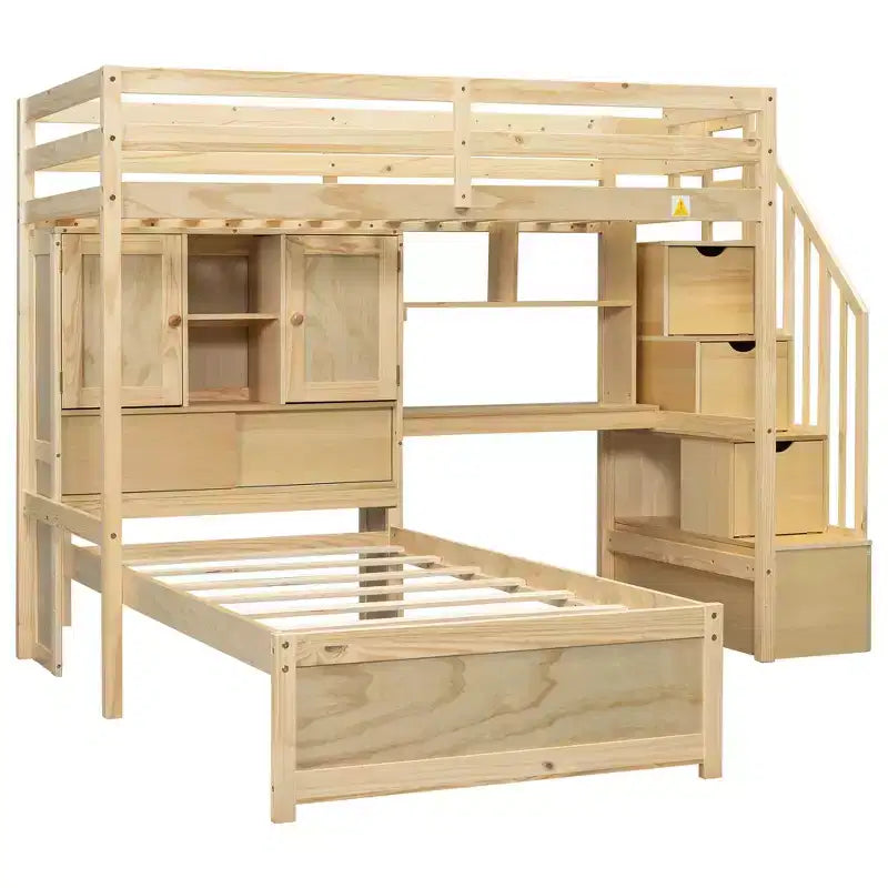 Lit superposé Whisen 94,4''L x 92''L, deux places, avec bureau intégré et escalier, compartiments de rangement et étagères