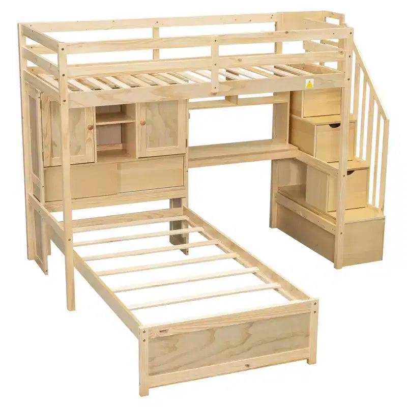 Lit superposé Whisen 94,4''L x 92''L, deux places, avec bureau intégré et escalier, compartiments de rangement et étagères