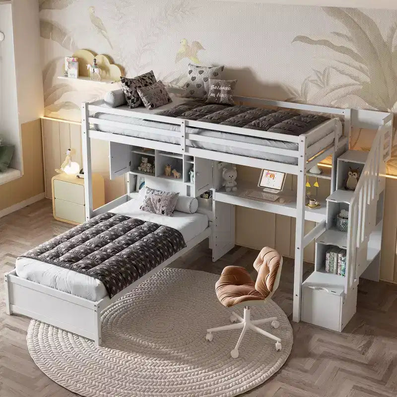 Lit superposé Whisen 94,4''L x 92''L, deux places, avec bureau intégré et escalier, compartiments de rangement et étagères