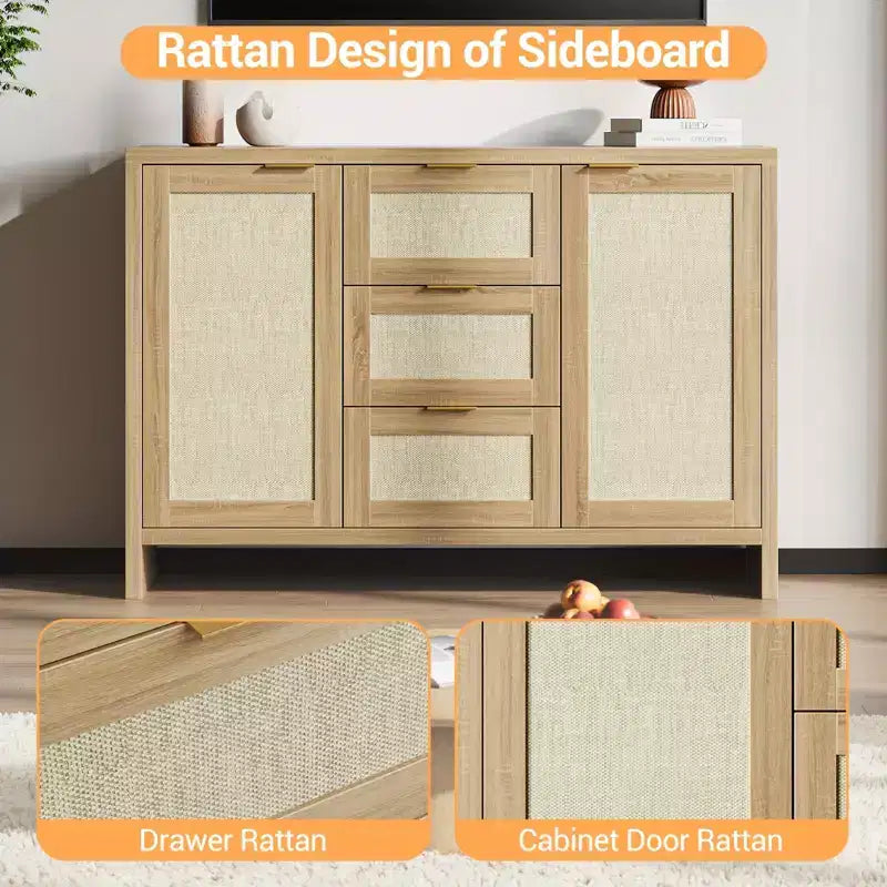 Bahut Garvee en rotin avec 3 tiroirs, meuble de rangement avec étagère réglable, meuble en bois pour salon, cuisine, entrée