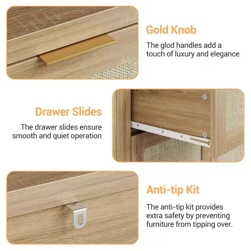 Bahut Garvee en rotin avec 3 tiroirs, meuble de rangement avec étagère réglable, meuble en bois pour salon, cuisine, entrée