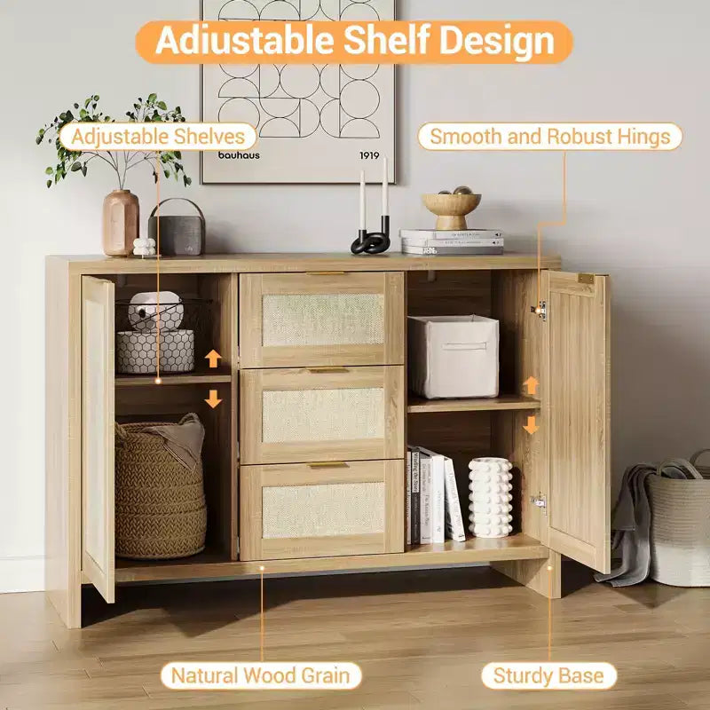 Bahut Garvee en rotin avec 3 tiroirs, meuble de rangement avec étagère réglable, meuble en bois pour salon, cuisine, entrée