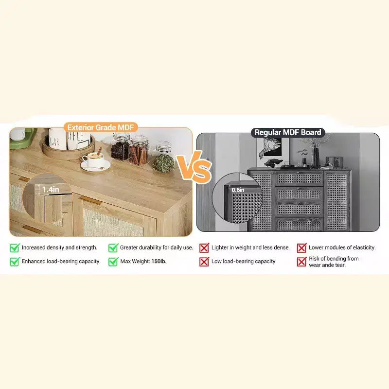 Bahut Garvee en rotin avec 3 tiroirs, meuble de rangement avec étagère réglable, meuble en bois pour salon, cuisine, entrée