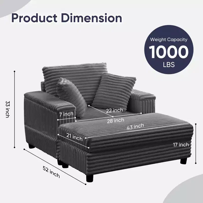 Mjkone 43 W Chaise Longue Intérieure Surdimensionnée avec Ottomane
