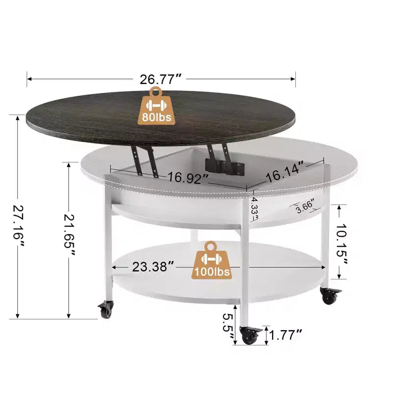 Hausource - Table basse relevable à roulettes blanche avec compartiment caché, étagère de rangement et roues