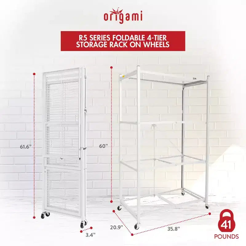 Origami Lot de 3 étagères de rangement pliantes en acier à 4 roulettes, 4 niveaux, R5-06W, Blanc