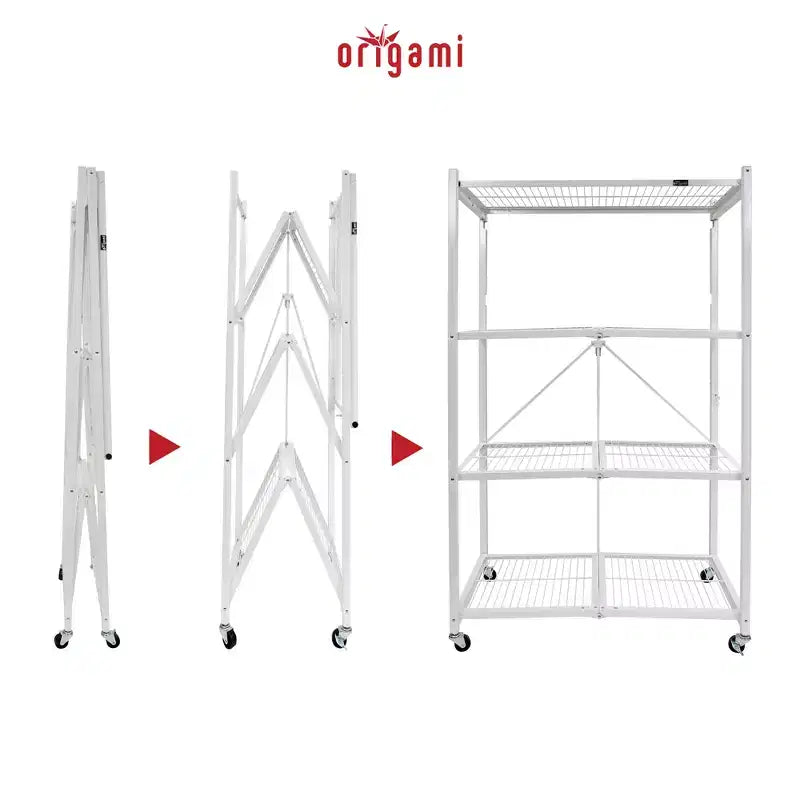 Origami Lot de 3 étagères de rangement pliantes en acier à 4 roulettes, 4 niveaux, R5-06W, Blanc