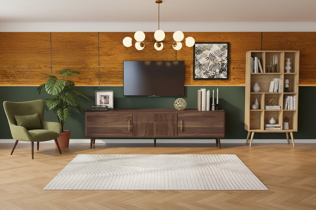 Mid Century TV Stand with 2 Drawers, Media Console Table for TVs up to 80'', Entertainment Center with Storage, Walnut - ModernLuxe
