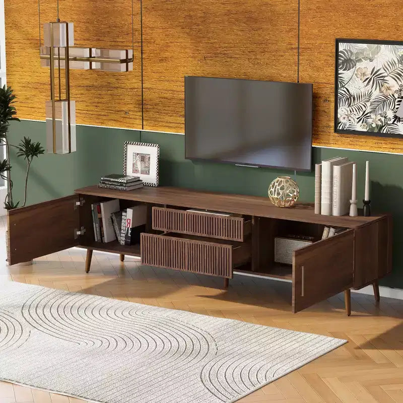 Meuble TV Noyer Mid-Century avec 2 Tiroirs, Convient aux TV jusqu'à 80 Pouces