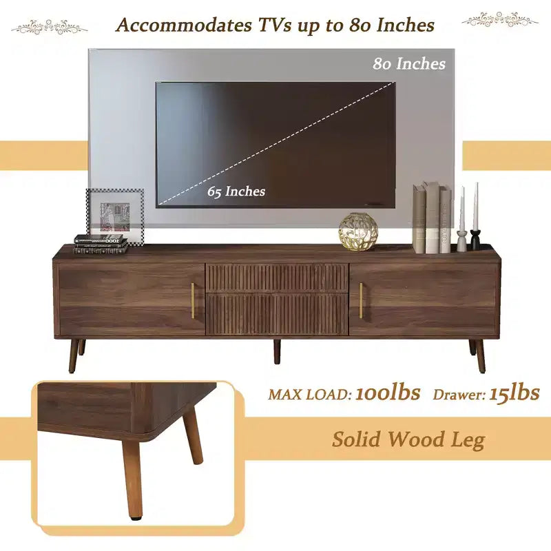 Meuble TV Noyer Mid-Century avec 2 Tiroirs, Convient aux TV jusqu'à 80 Pouces