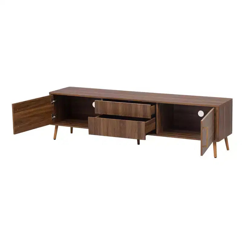 Meuble TV Noyer Mid-Century avec 2 Tiroirs, Convient aux TV jusqu'à 80 Pouces