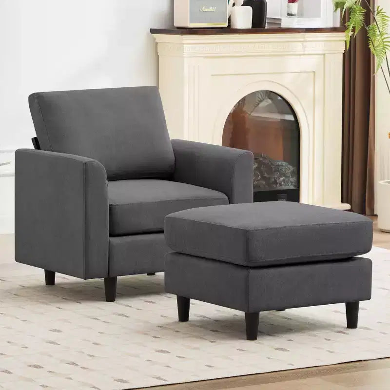 Fauteuil d'appoint moderne avec pouf – Beige / Bleu sarcelle foncé / Gris, Ensemble de 2 pièces, 2 places