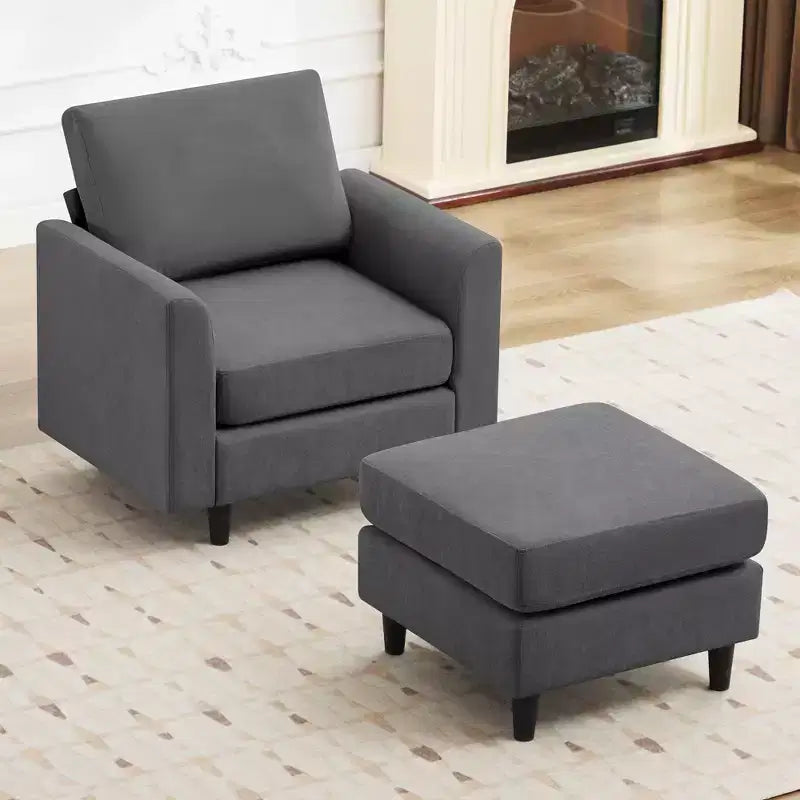 Fauteuil d'appoint moderne avec pouf – Beige / Bleu sarcelle foncé / Gris, Ensemble de 2 pièces, 2 places