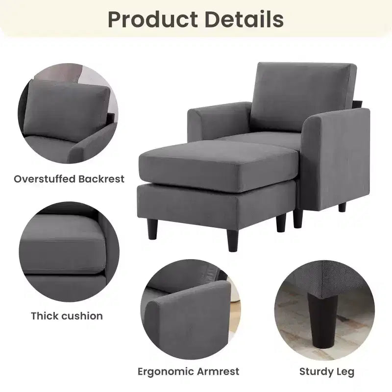 Fauteuil d'appoint moderne avec pouf – Beige / Bleu sarcelle foncé / Gris, Ensemble de 2 pièces, 2 places