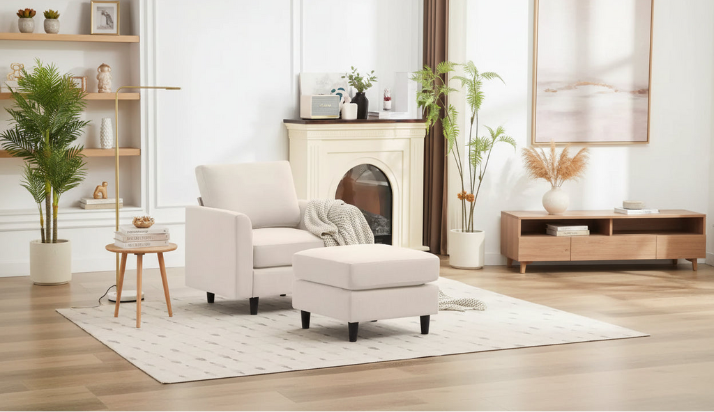 Fauteuil d'appoint moderne avec pouf – Beige / Bleu sarcelle foncé / Gris, Ensemble de 2 pièces, 2 places