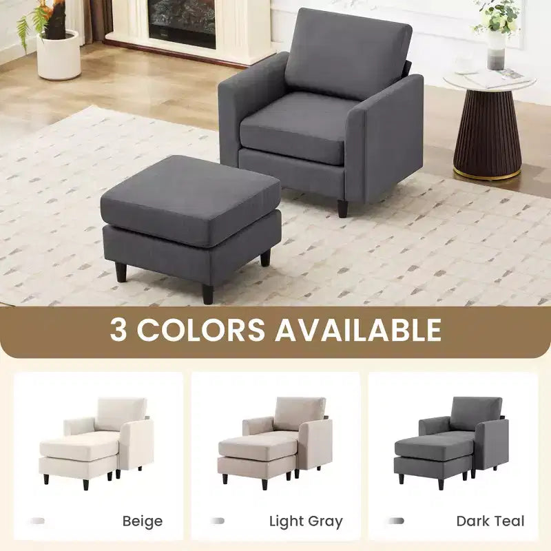 Fauteuil d'appoint moderne avec pouf – Beige / Bleu sarcelle foncé / Gris, Ensemble de 2 pièces, 2 places
