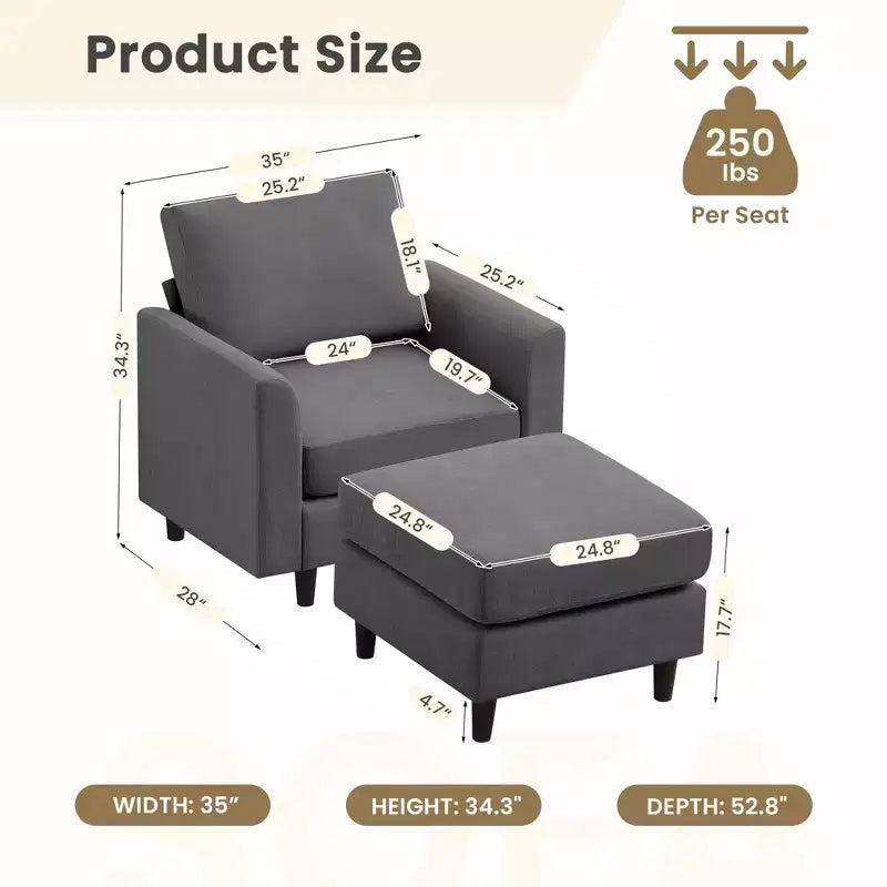Fauteuil d'appoint moderne avec pouf – Beige / Bleu sarcelle foncé / Gris, Ensemble de 2 pièces, 2 places