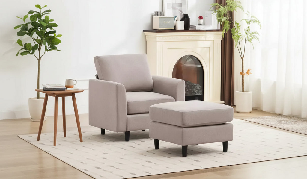 Fauteuil d'appoint moderne avec pouf – Beige / Bleu sarcelle foncé / Gris, Ensemble de 2 pièces, 2 places