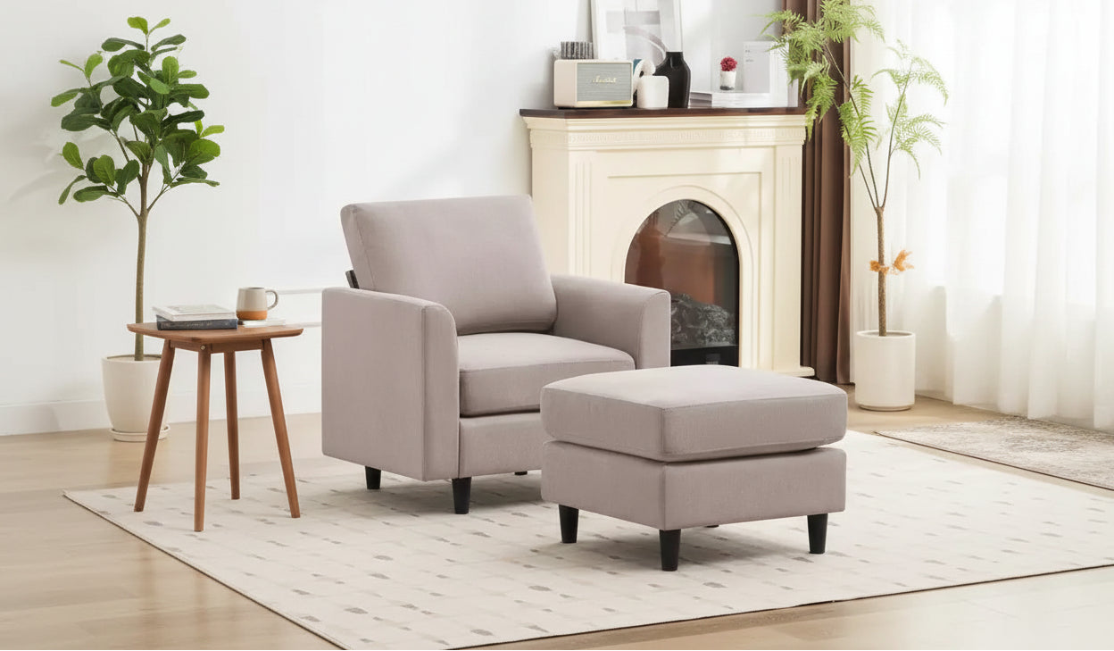 Fauteuil d'appoint moderne avec pouf – Beige / Bleu sarcelle foncé / Gris, Ensemble de 2 pièces, 2 places