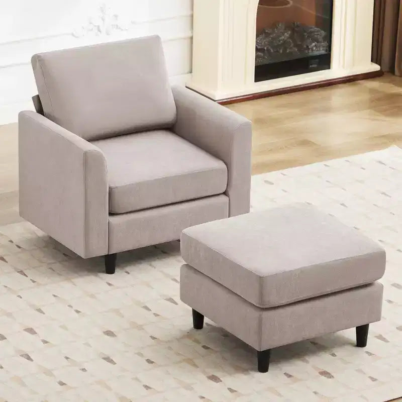 Fauteuil d'appoint moderne avec pouf – Beige / Bleu sarcelle foncé / Gris, Ensemble de 2 pièces, 2 places