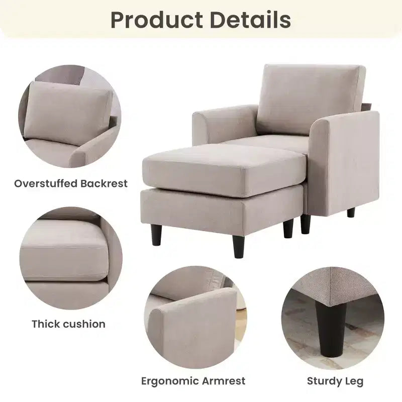 Fauteuil d'appoint moderne avec pouf – Beige / Bleu sarcelle foncé / Gris, Ensemble de 2 pièces, 2 places