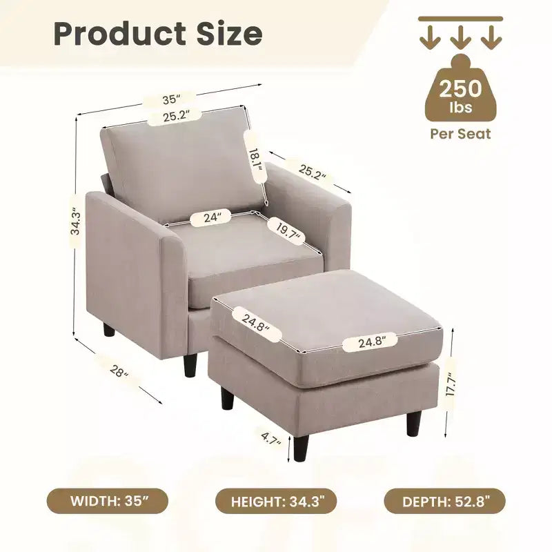 Fauteuil d'appoint moderne avec pouf – Beige / Bleu sarcelle foncé / Gris, Ensemble de 2 pièces, 2 places