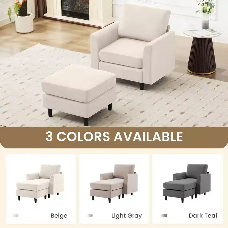 Fauteuil d'appoint moderne avec pouf – Beige / Bleu sarcelle foncé / Gris, Ensemble de 2 pièces, 2 places