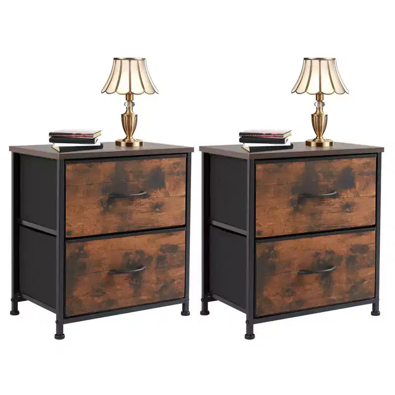 Commode marron en bois avec 5 tiroirs en tissu, montage par une seule personne