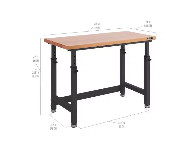 Établi réglable robuste avec plateau en bois, 48" x 24", 1 personne — Granit / Graphite / Rouge / Blanc