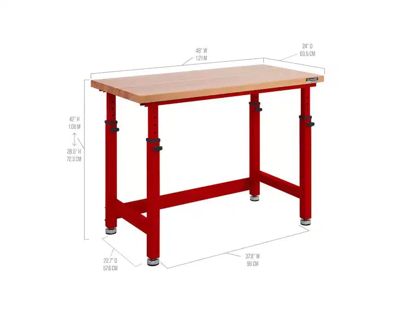 Établi réglable robuste avec plateau en bois, 48" x 24", 1 personne — Granit / Graphite / Rouge / Blanc