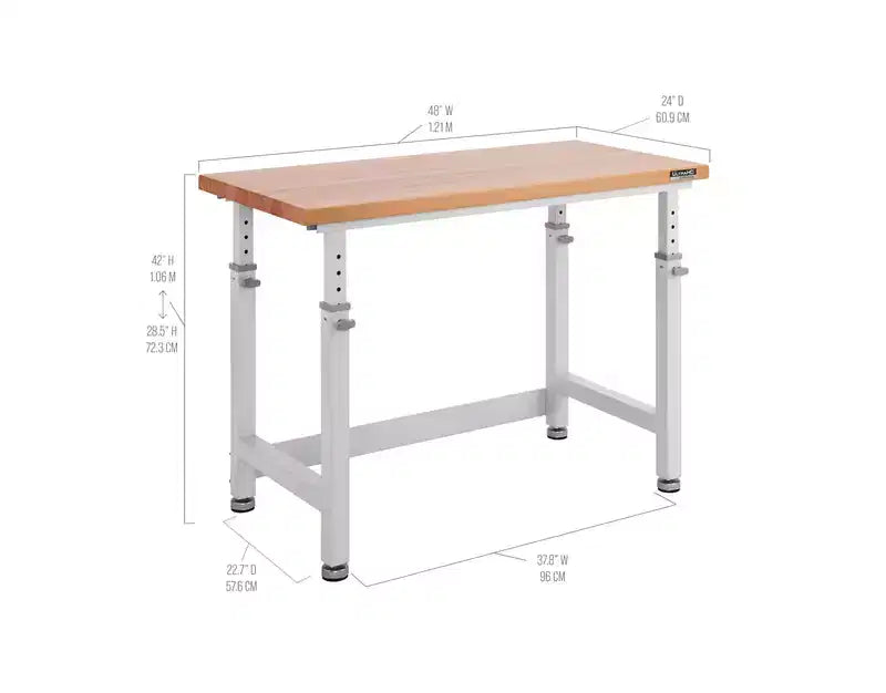 Établi réglable robuste avec plateau en bois, 48" x 24", 1 personne — Granit / Graphite / Rouge / Blanc