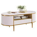 Modern Luxury Fluted Coffee Table, 48 Coffee Table with Storage Drawer, Oval Coffee Table with Golden Legs, Faux Marble Top