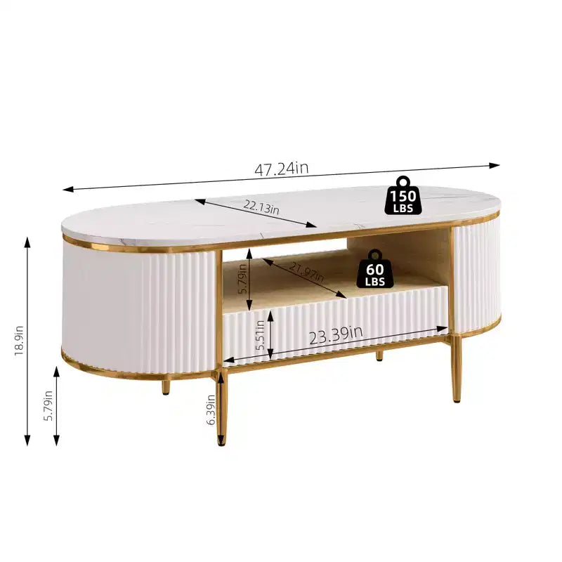 Table basse ovale blanche avec plateau en faux marbre et cadre en métal