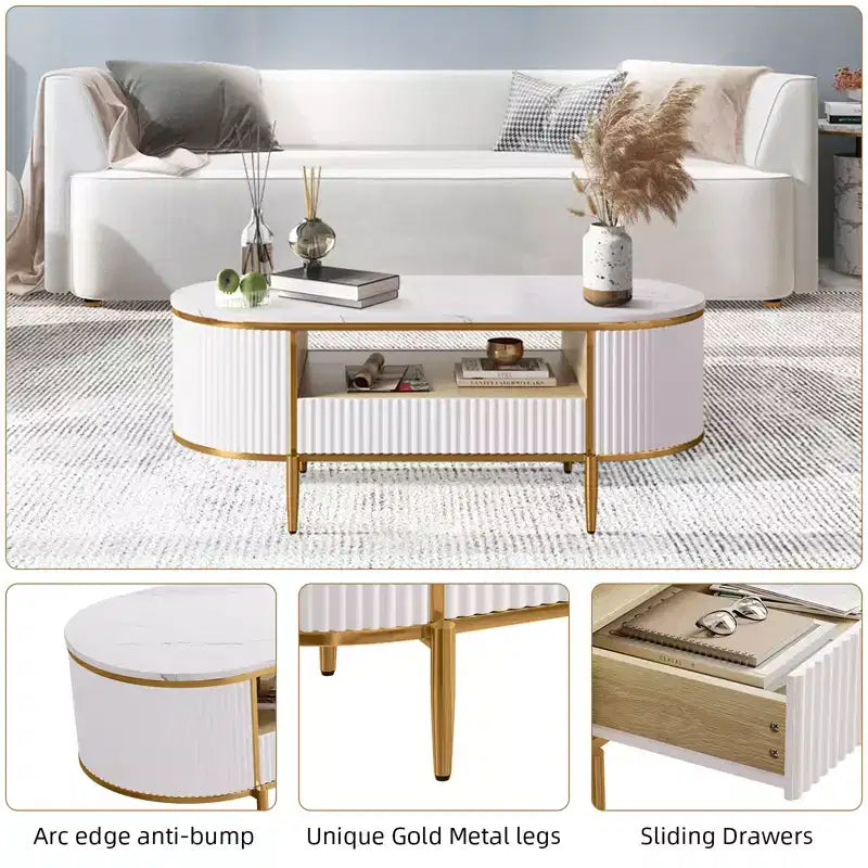 Table basse ovale blanche avec plateau en faux marbre et cadre en métal