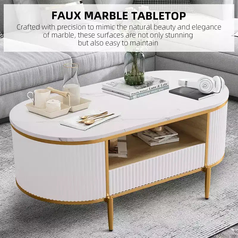 Table basse ovale blanche avec plateau en faux marbre et cadre en métal