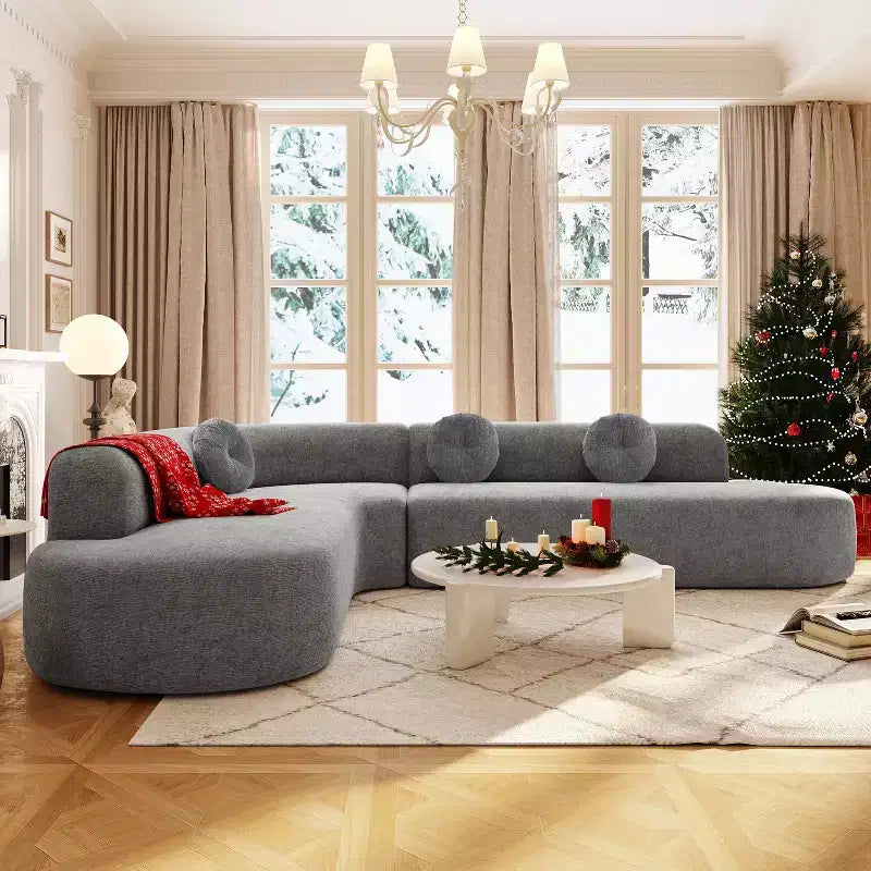 Grand canapé d'angle en chenille avec oreillers, beige/gris/orange/sable, 4 places