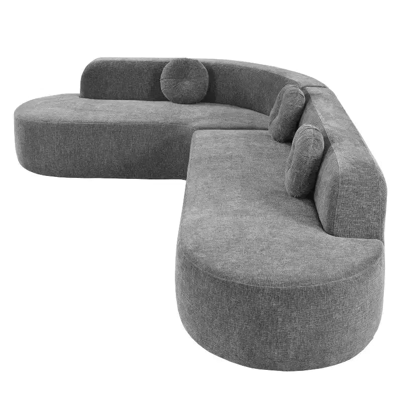 Grand canapé d'angle en chenille avec oreillers, beige/gris/orange/sable, 4 places