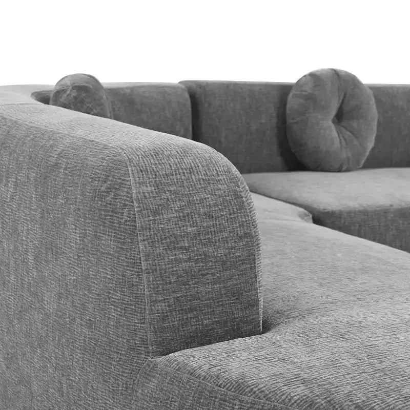 Grand canapé d'angle en chenille avec oreillers, beige/gris/orange/sable, 4 places
