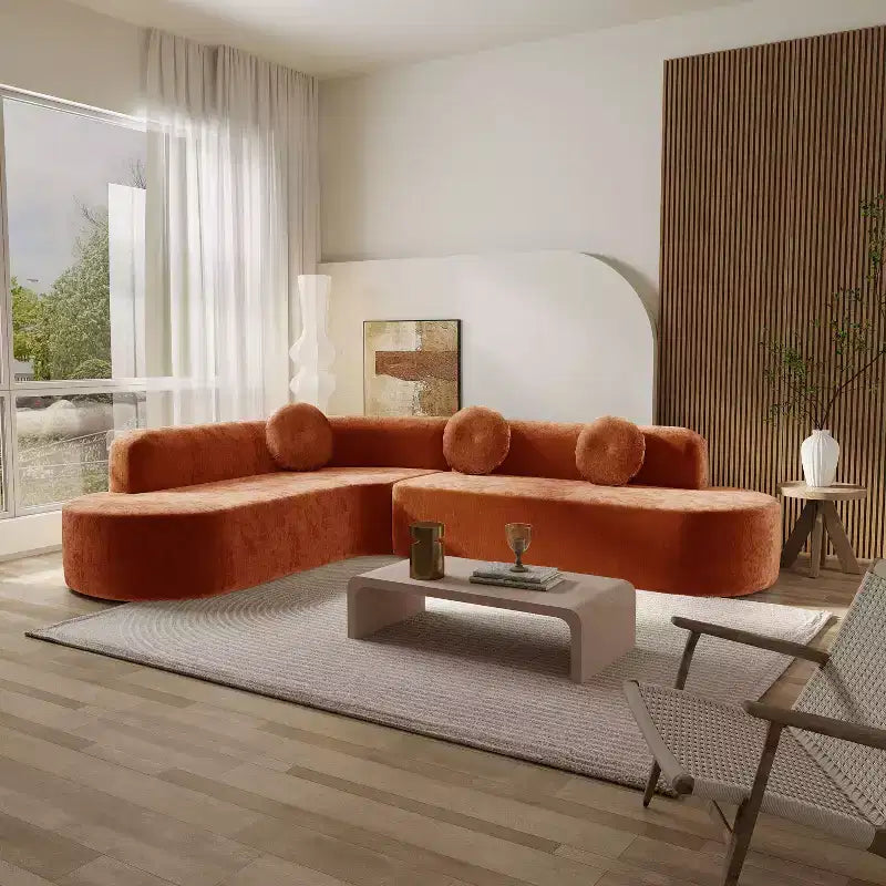 Grand canapé d'angle en chenille avec oreillers, beige/gris/orange/sable, 4 places