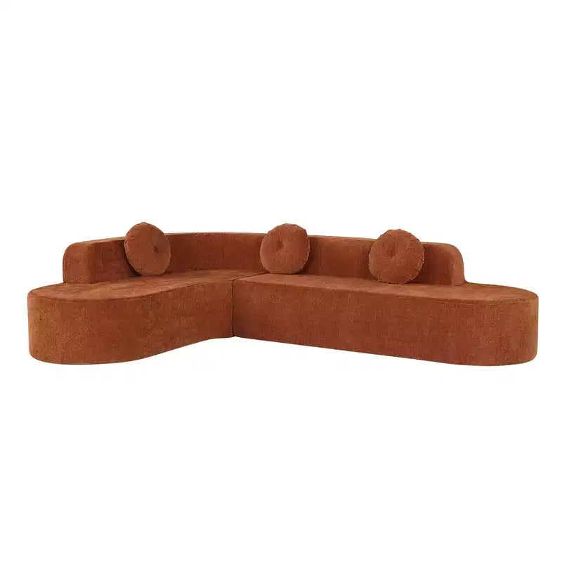 Grand canapé d'angle en chenille avec oreillers, beige/gris/orange/sable, 4 places
