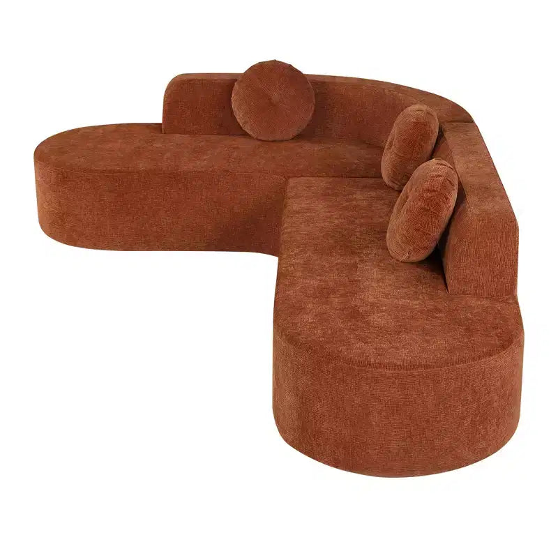 Grand canapé d'angle en chenille avec oreillers, beige/gris/orange/sable, 4 places