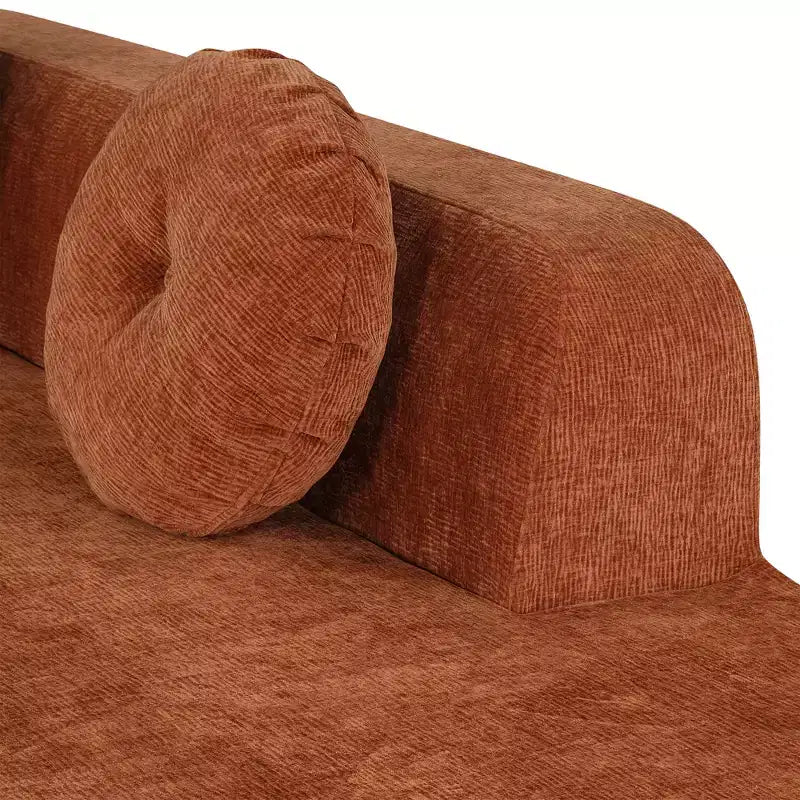 Grand canapé d'angle en chenille avec oreillers, beige/gris/orange/sable, 4 places