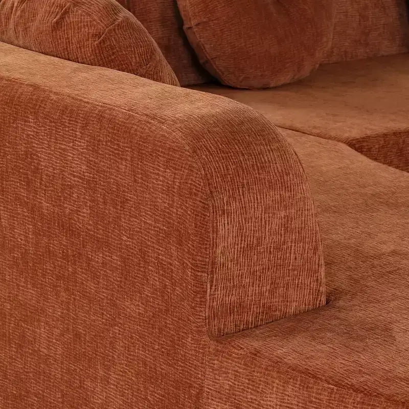 Grand canapé d'angle en chenille avec oreillers, beige/gris/orange/sable, 4 places