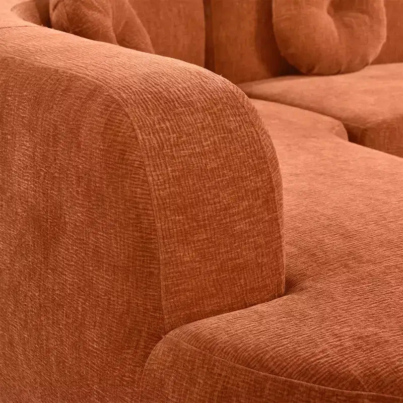 Grand canapé d'angle en chenille avec oreillers, beige/gris/orange/sable, 4 places