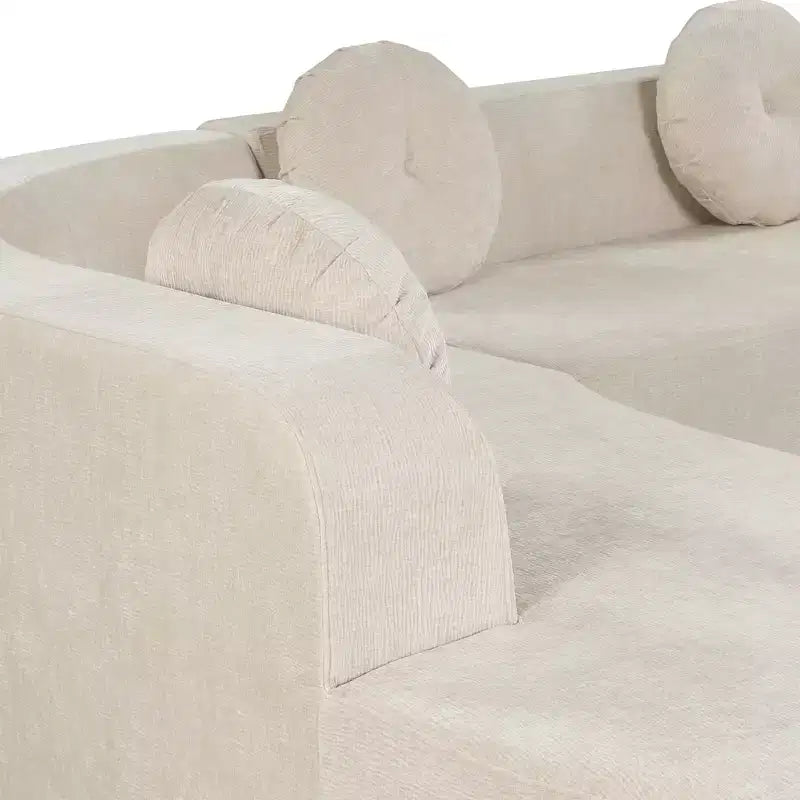 Grand canapé d'angle en chenille avec oreillers, beige/gris/orange/sable, 4 places