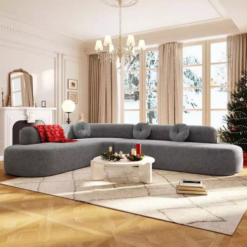 Grand canapé d'angle en chenille avec oreillers, beige/gris/orange/sable, 4 places