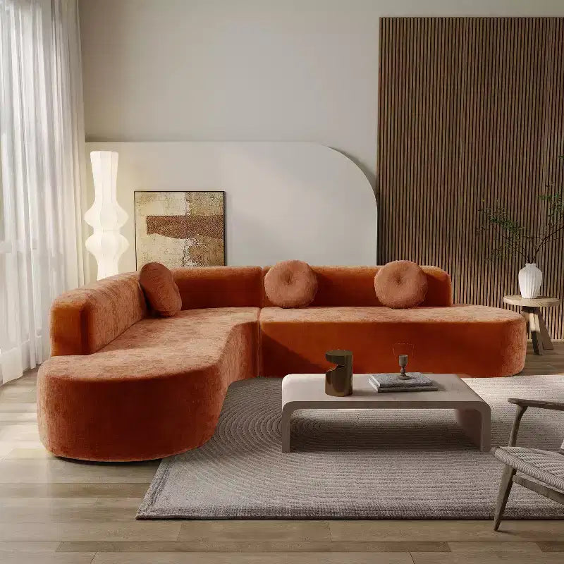 Grand canapé d'angle en chenille avec oreillers, beige/gris/orange/sable, 4 places