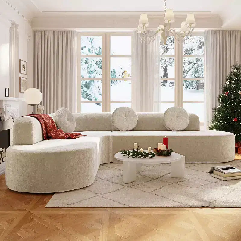 Grand canapé d'angle en chenille avec oreillers, beige/gris/orange/sable, 4 places